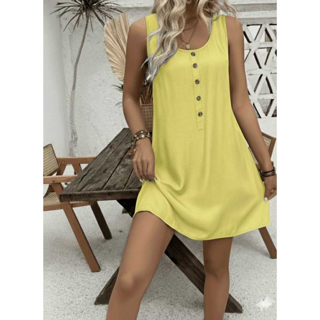Vestido Feminino Midi Curto Linho Tecido Suave Gola Redonda em Oferta na Shopee