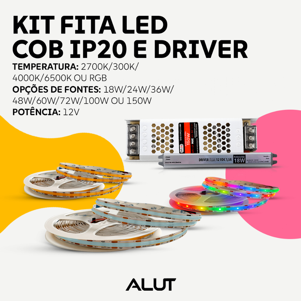 5m Fita Led ou Fonte Driver 12w 2700k/300K/4000k/6500k ou RGB COB Linha continua de  Led, Som e Video Alut By Avant