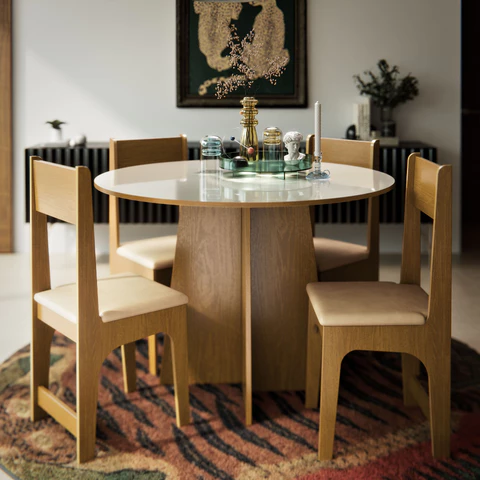 Conjunto Sala De Jantar Com 4 Lugares Cadeiras Estofadas Mesa Cindy Redonda Semelhante a Vidro