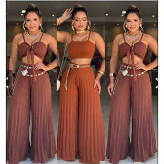 Conjunto Feminino Chic Calça Cintura Alta Modelo Pantalona Plissada e Cropped Com Detalhe De Amarração No Busto em Oferta na Shopee