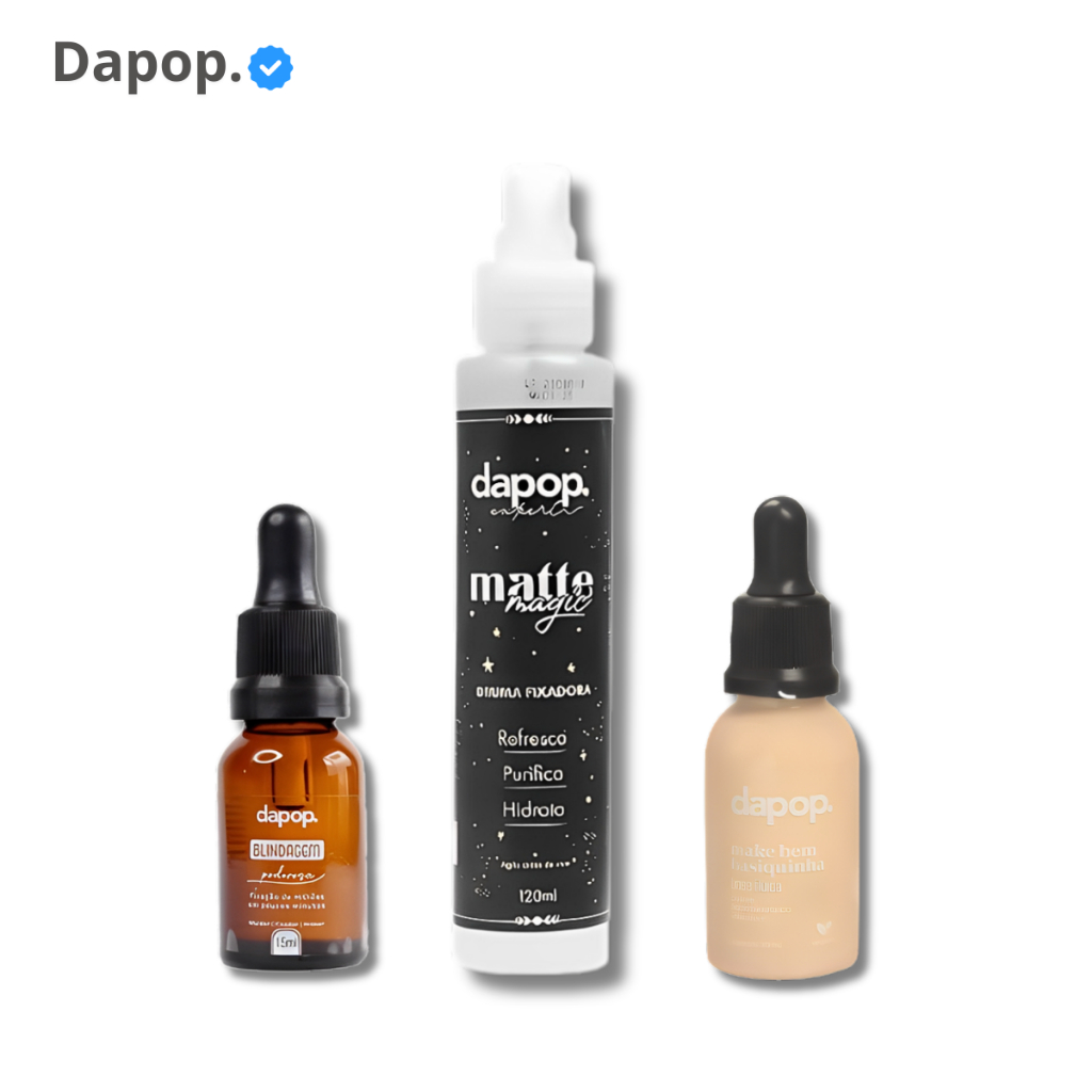 Kit Base Fluida Vegana Basiquinha Dapop + Bruma Matte + Blindagem Poderosa 3em1 Dapop