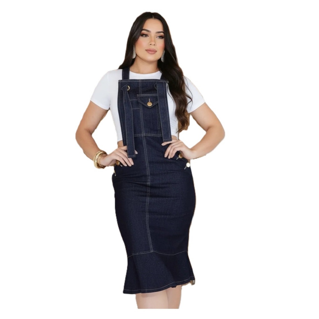 Jardineira Saia Jeans Escura Com Lycra - Moda Cristã Casual