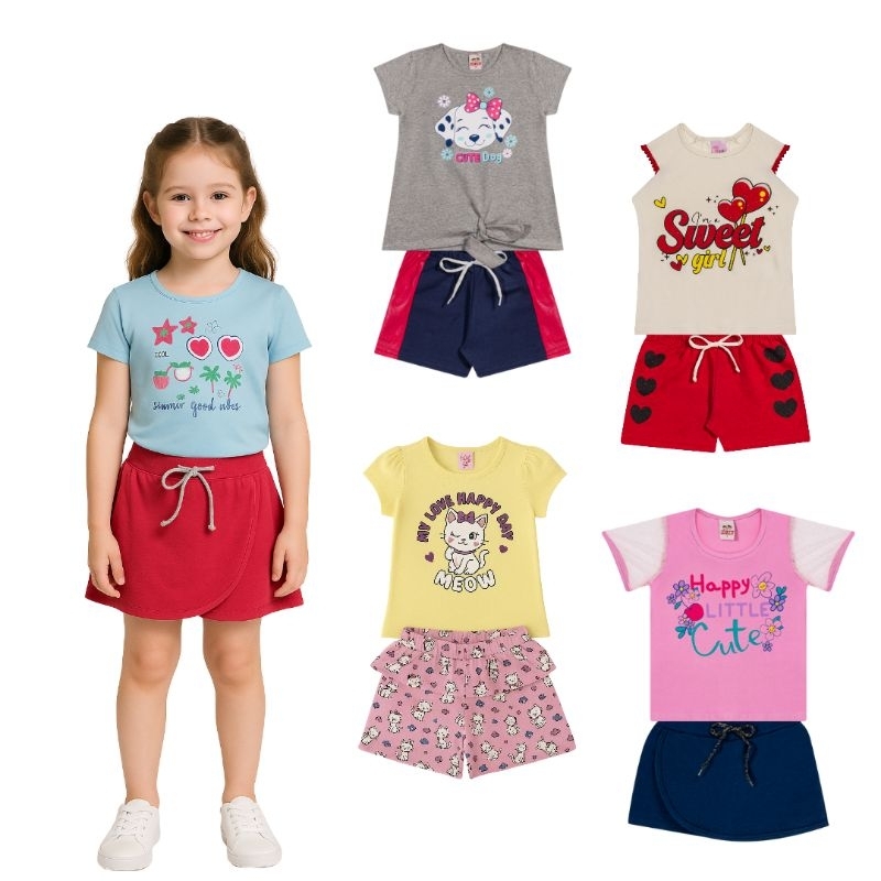 8 Peças de Roupa Feminino Infantil Verão Morago - 4 Blusas + 4 Bermudas - Kit 4 Conjuntos Menina