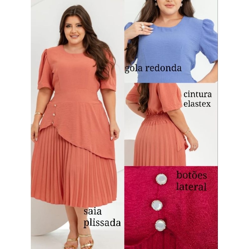 Vestido Feminino Midi Plissado Elegante, Manga Curta. Moda Evangelico Tecido Duna