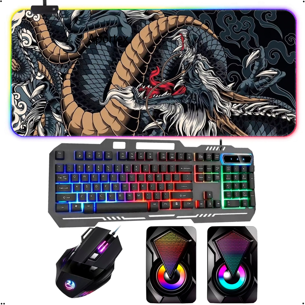 Kit Gamer Completo: Mouse RGB + Mousepad Dragão + Teclado Mecânico + Caixa De Som