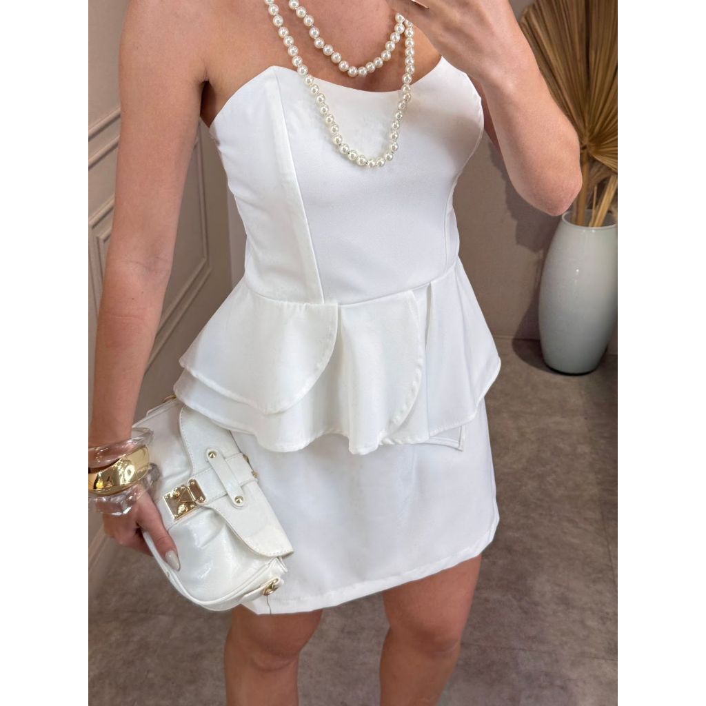 Conjunto Feminino Tomara Que Caia | Short Saia + Blusa corset de Peplum | Verão | P M G