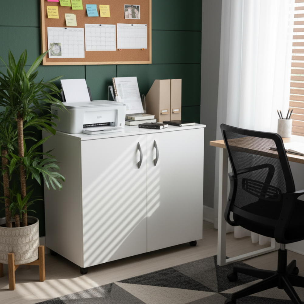 Armário Pequeno Branco 2 Portas com Rodízios Pequeno Compacto Multiuso 1 Prateleira Escritorio Gabinete Auxiliar Apoio