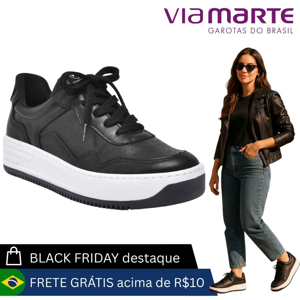 Tênis Feminino Via Marte Preto Original Confortável Sola Alta
