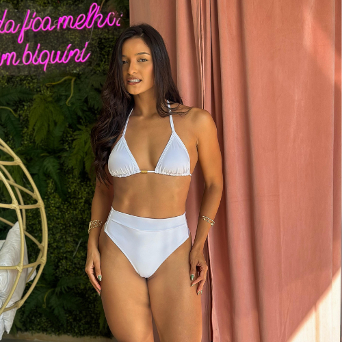Biquíni Cortininha Cintura Alta com Bojo Removível e Calcinha Modeladora Poliamida Brilho Feminina