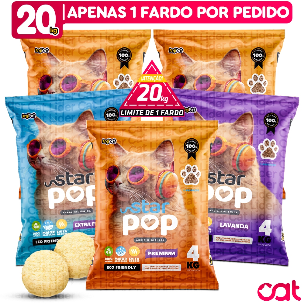Kit 5 Areia Granulado Higiênico de Gato Argila Forma Torrões Absorvente e Perfumado Star Pop 20KG