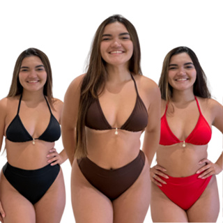 Conjunto de Biquíni Feminino Cortininha Cintura Alta Hot Pant com Bojo Removível em Oferta na Shopee