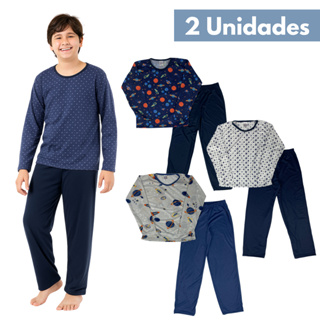 Kit 2 Pijamas Longo Juvenil Masculino Manga Comprida Estampa Sortida 10 ao 16 em Oferta na Shopee