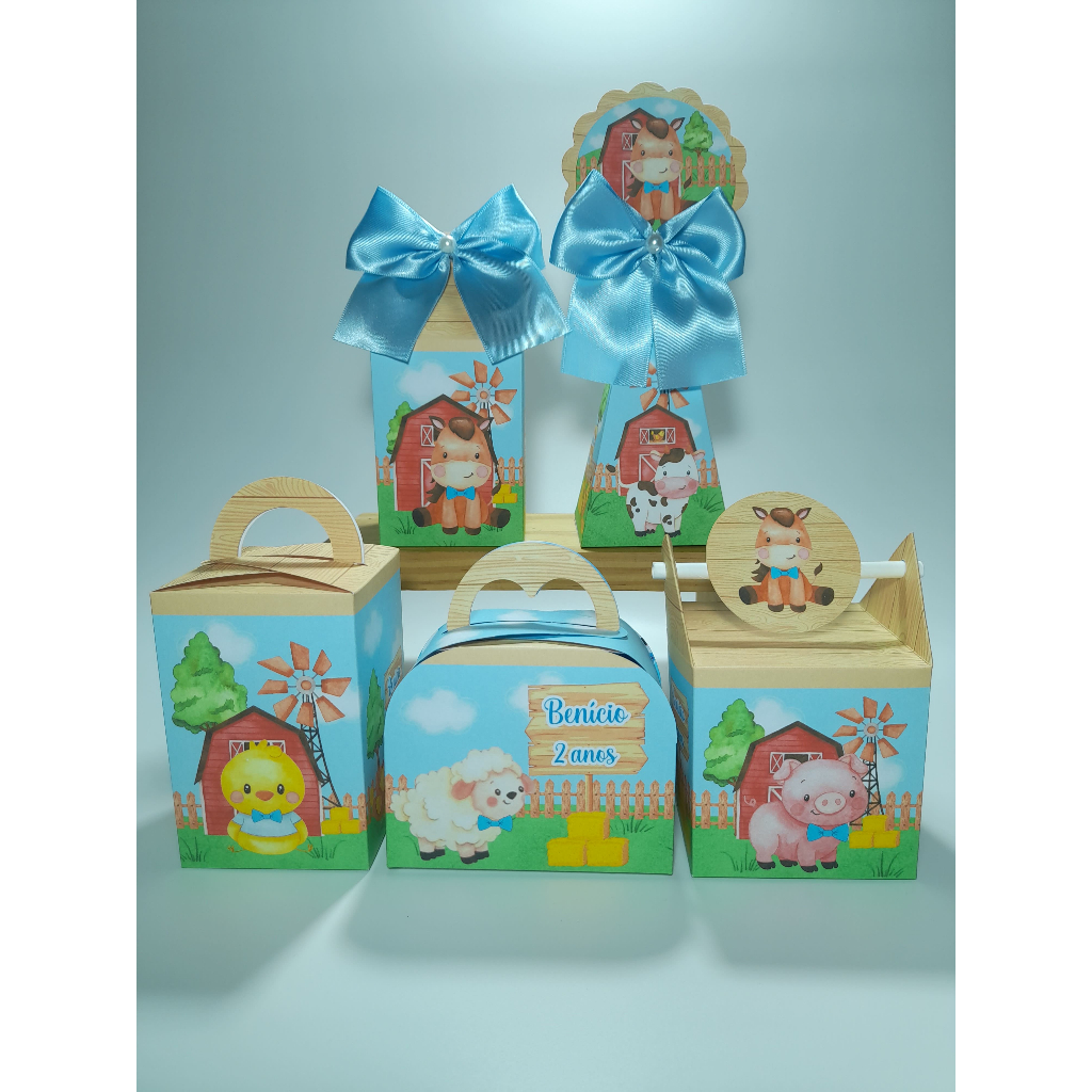 Kit Lembrancinhas Fazendinha  Menino – Pegue e Monte – Caixinhas Personalizadas para Festa e Aniversário