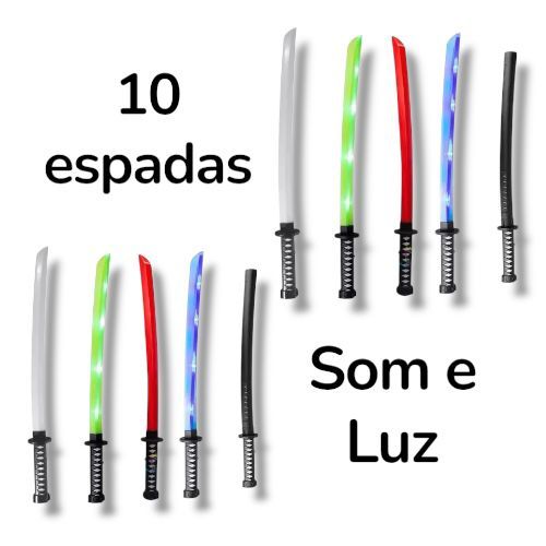 Kit 10 Espada Com Luz e Som e Bainha - 70cm - Brinquedo Espada Samurai Ninja Katana Com Efeito Som Infantil 70cm