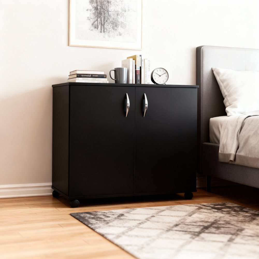 Organizador Baixo Chão 2 Portas Rodízios Multiuso Home Office Sala Quarto Aparador Portátil MDP
