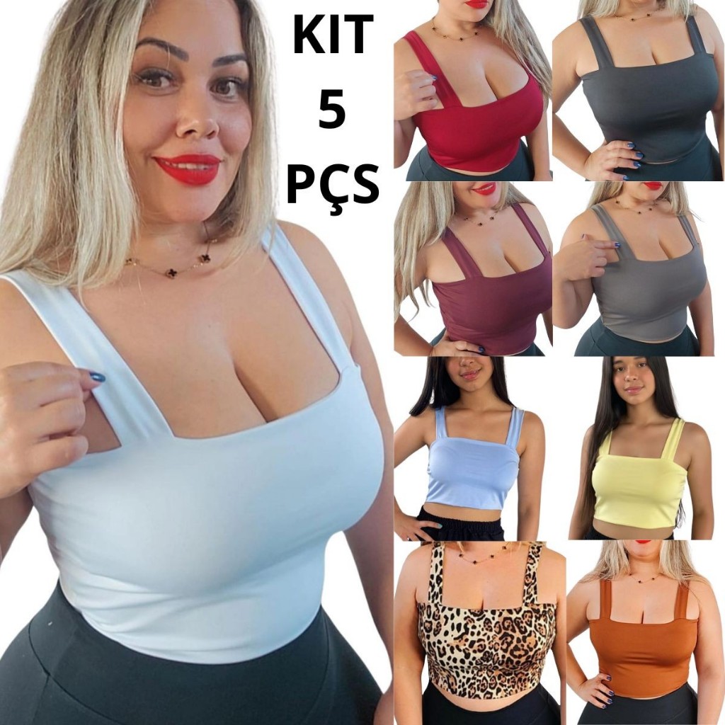 KIT 5 Cropped Feminino Alça Grossa Suplex Sem Bojo com Forro