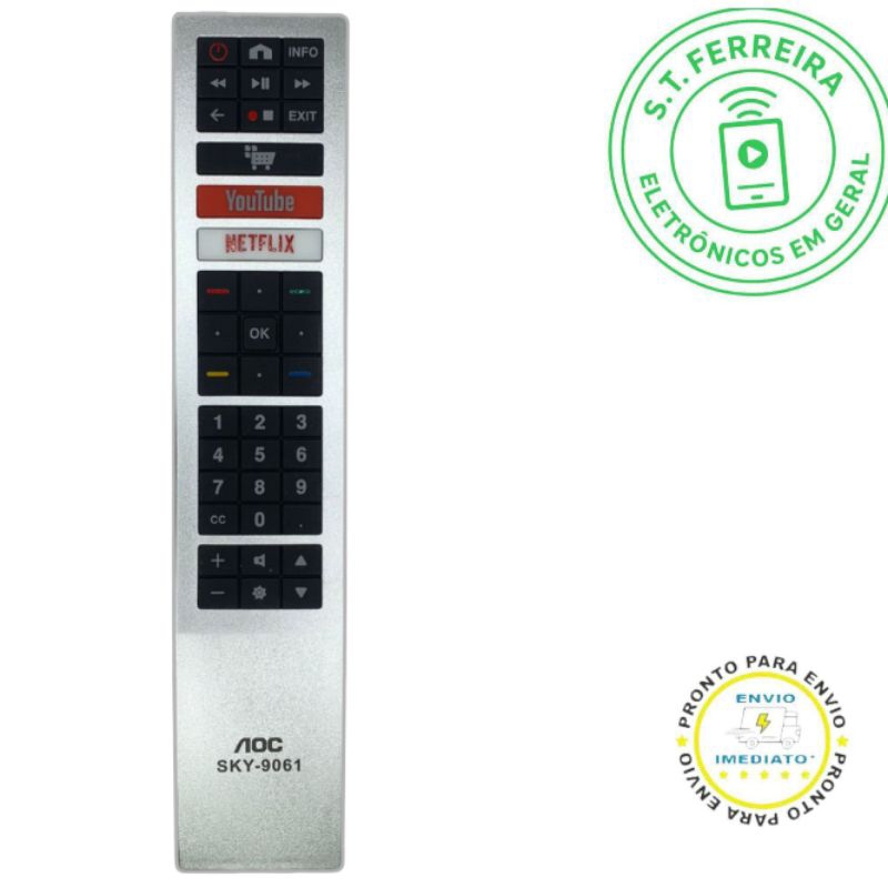 Controle Remoto Smar i SKY-9061/LE-7411 compatível com TV's AOC com atalho Netflix/Youtube