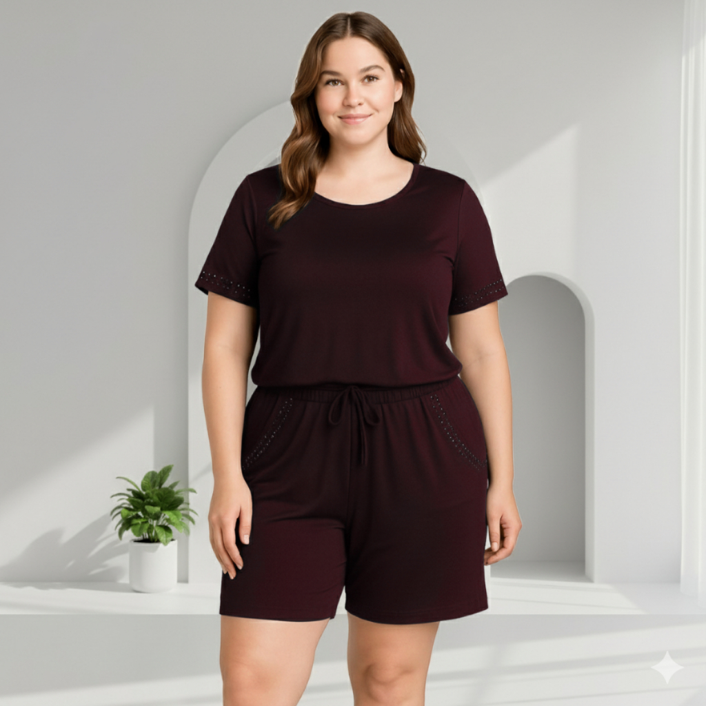 Detalhes do Conjunto Feminino Plus Size M ao G10 Blusa/Shorts Malha Viscolycra com Pedrarias Douradas MALHAS ITA