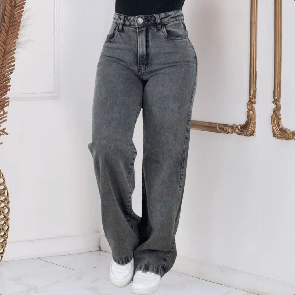 Calça Jeans Wide Leg Feminina Cintura Alta Pantalona Cinza Marmorizada Gringa Blogueira Perna Larga em Oferta na Shopee