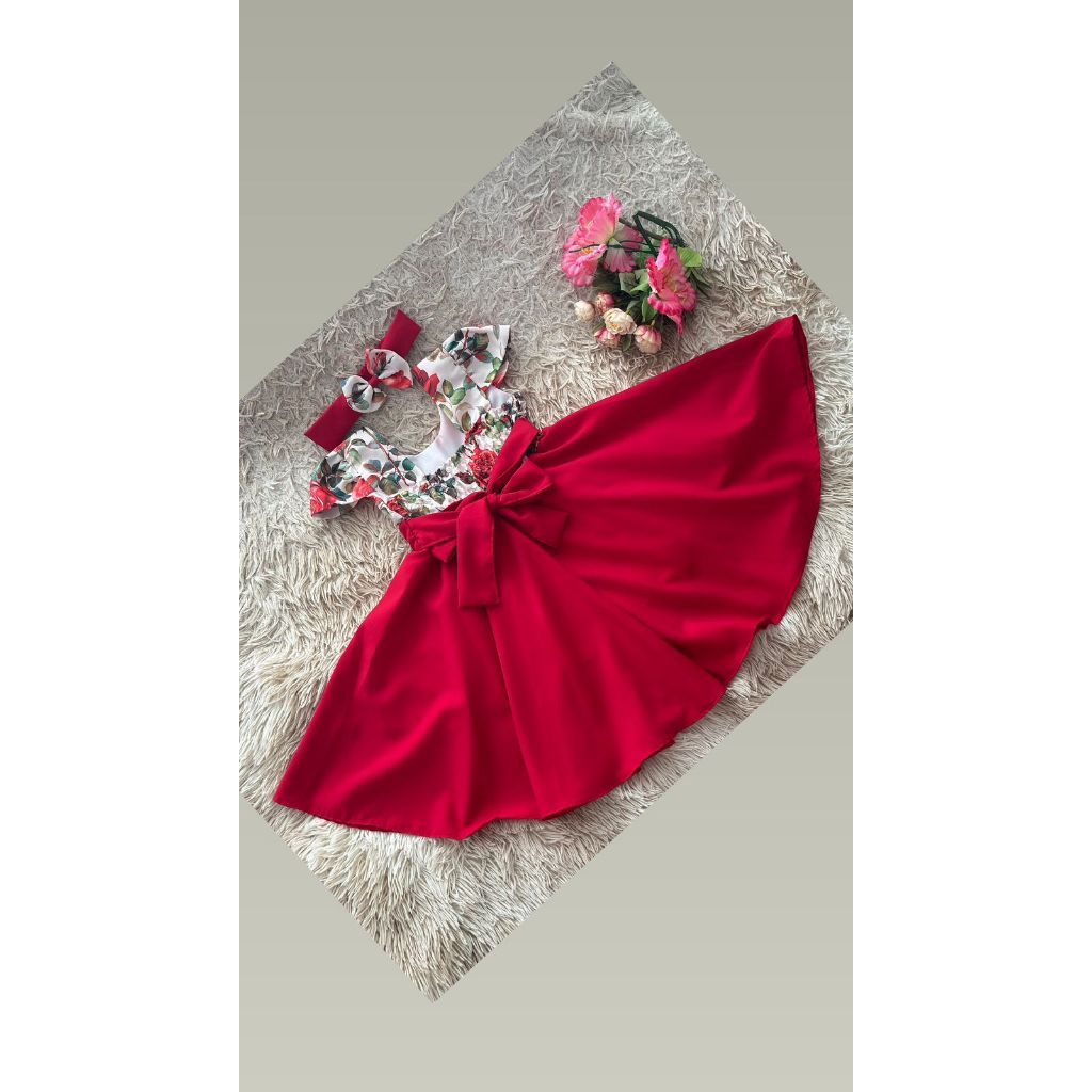 Vestido Menina Elegante Florido e Saia Lisa Vermelho