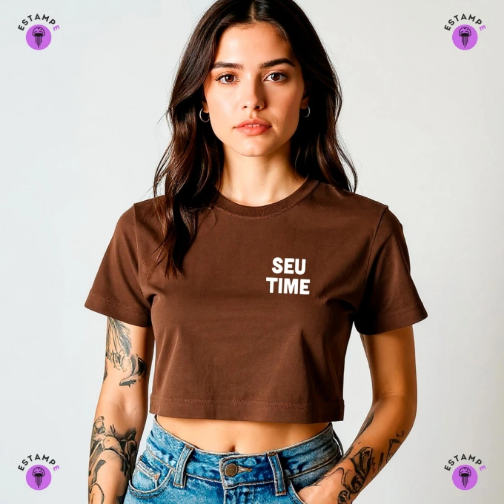 Camisa Camiseta Cropped Com Seu Time E Seu Nome Blusa 100% Algodão Premium Adulto Feminino