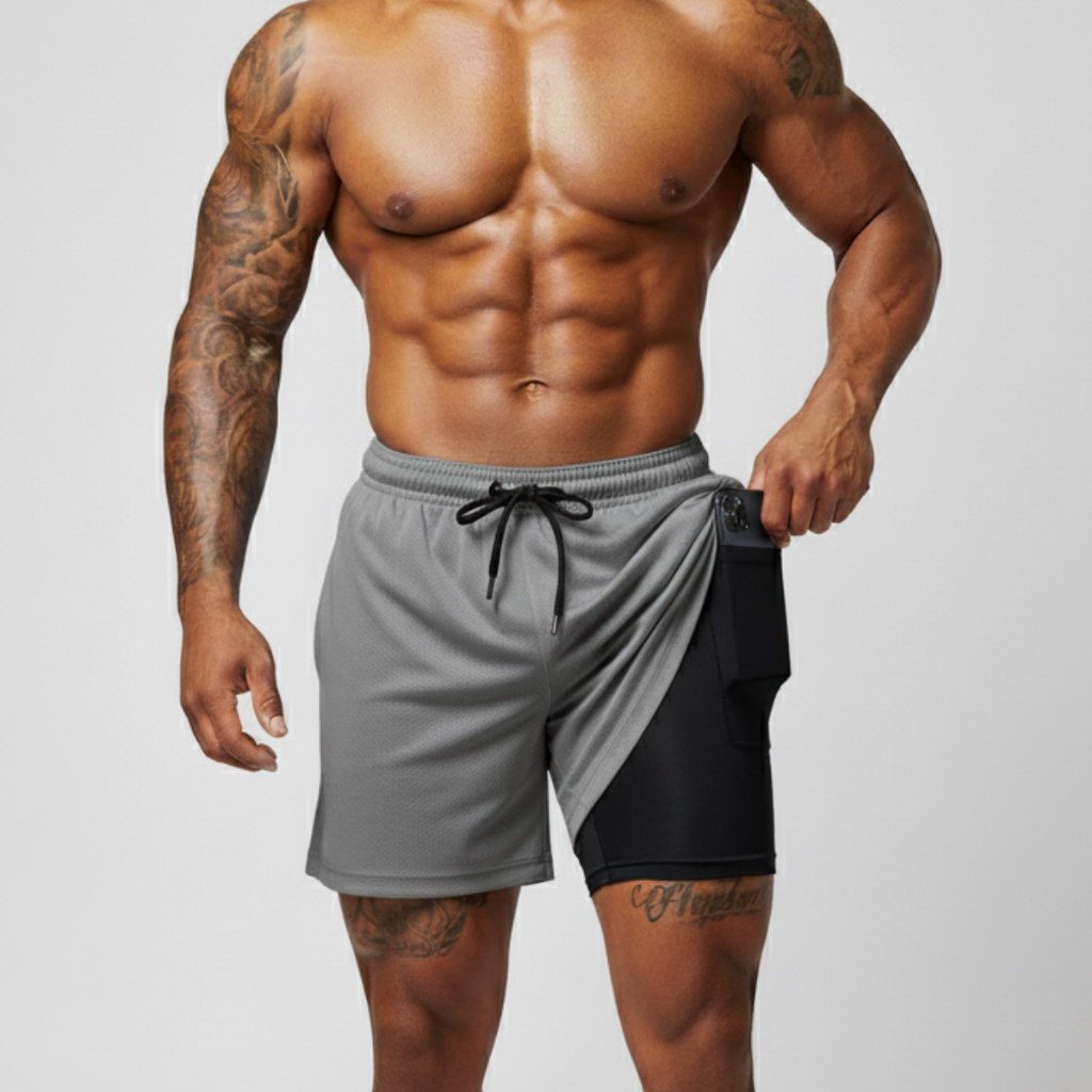 Short 2 em 1 Masculino De Academia Com Bolso Oculto para Celular Fitness Esportivo Suplex Dry Fit