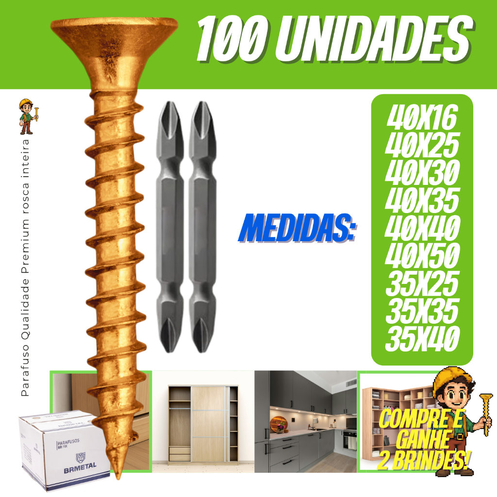 Parafuso Philips Chata Madeira MDF 40x16,40x25,40x30,40x35,40x40,40x50,35x25,35x35,35x40 + 2 Brindes