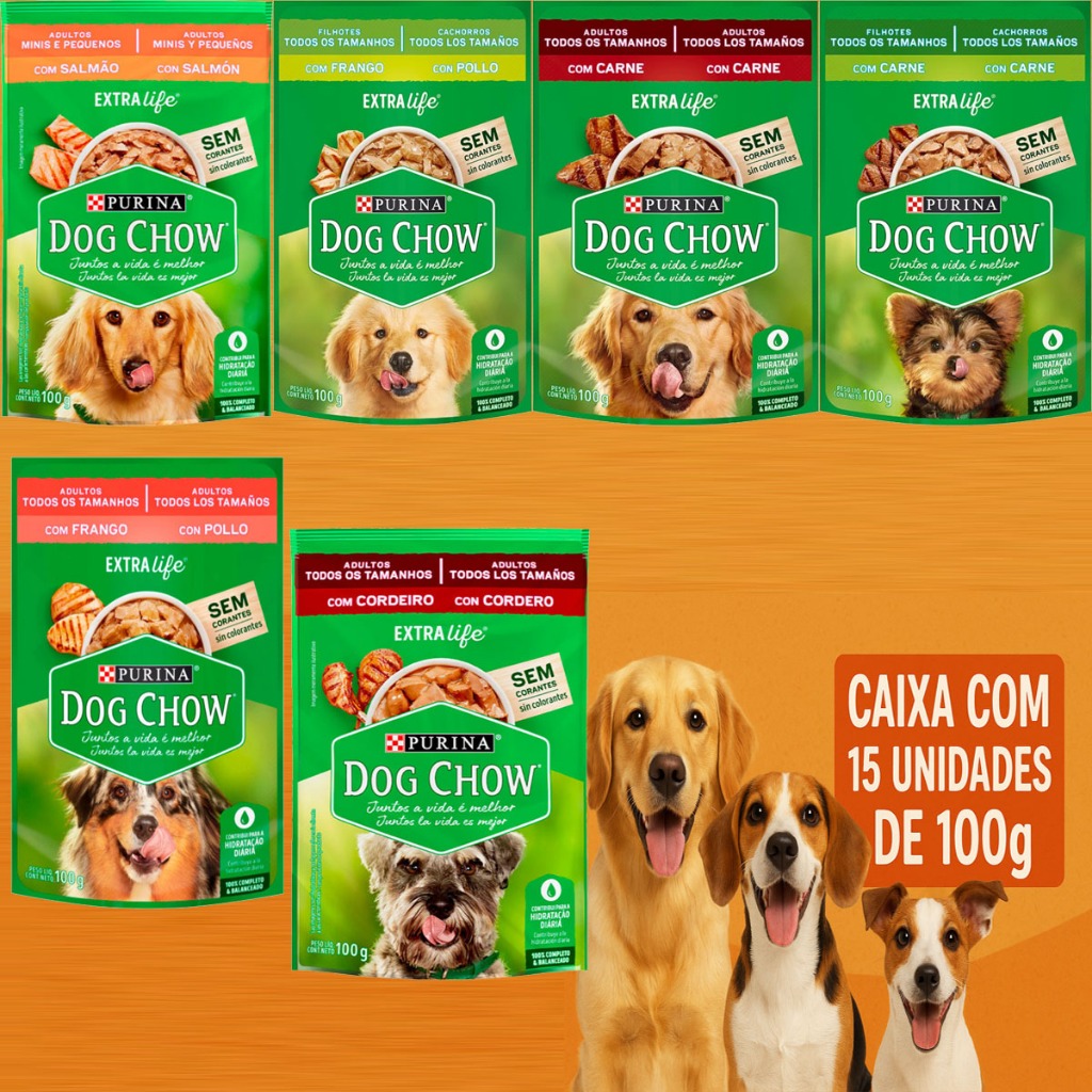 15 Unidades Sachês Dog Chow Carne Frango Salmão E Cordeiro Ração Úmida 100g Purina Nestlé em Oferta na Shopee