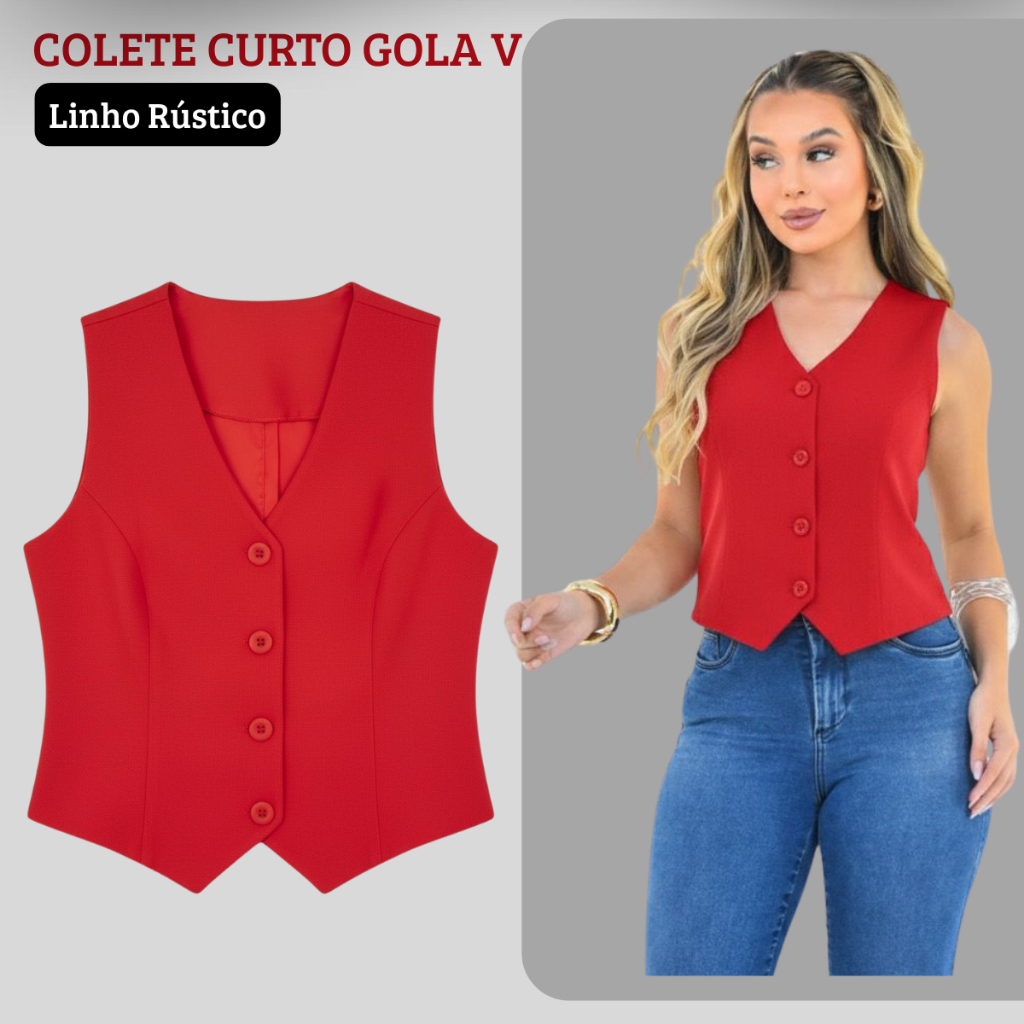 Colete Curto Feminino Forrado Alfaitaria Linho Rustico Casual 4 Botões P M G GG em Oferta na Shopee