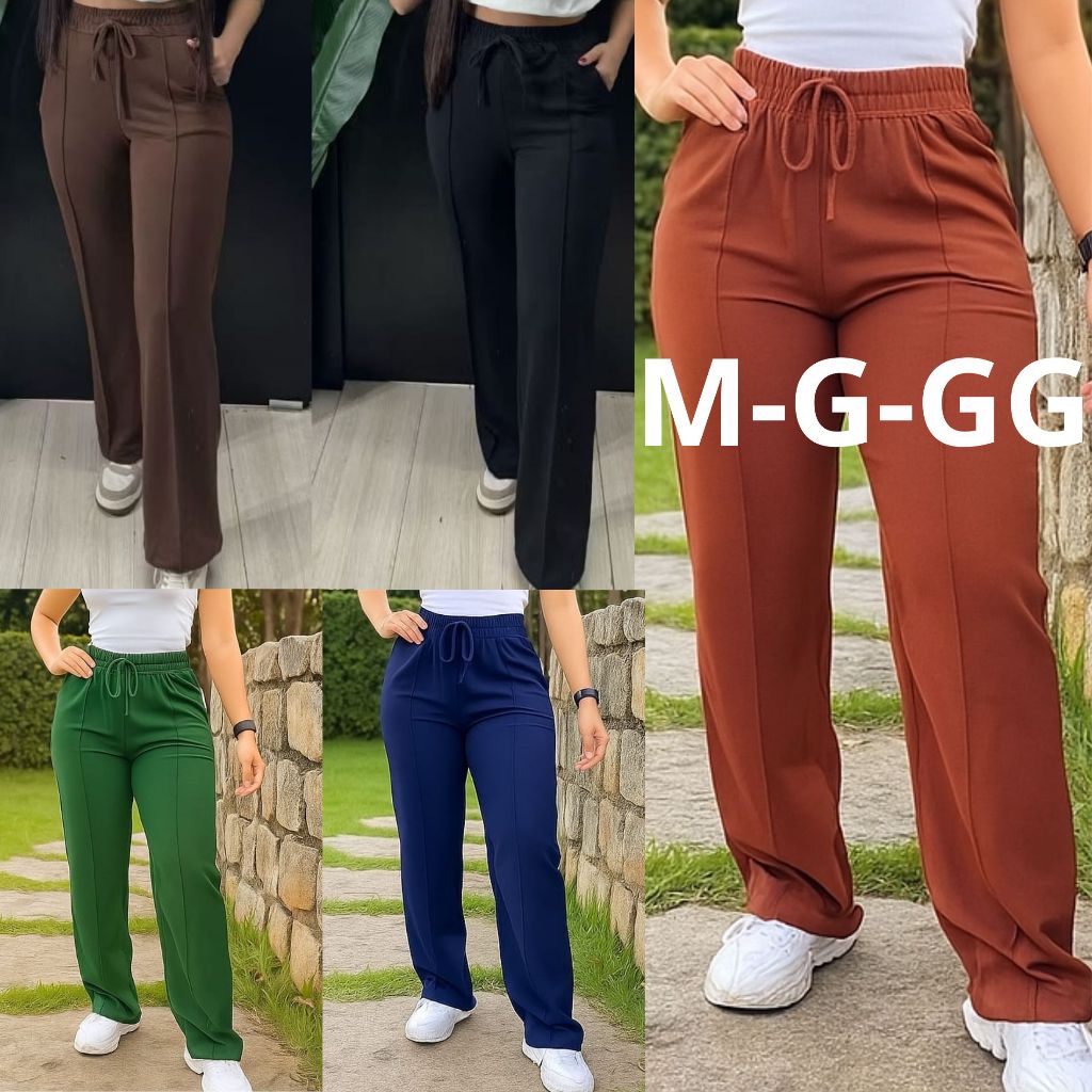 Calça feminina pantalona wide leg em moletinho cintura alta com bolso