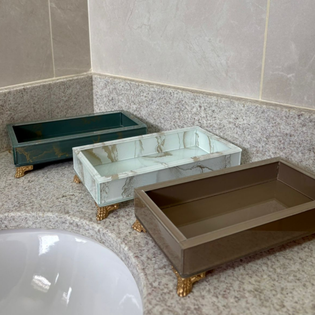 Bandeja de Vidro Efeito Mármore Pequena Decorativa Organizador Banheiro Lavabo Penteadeira em Oferta na Shopee