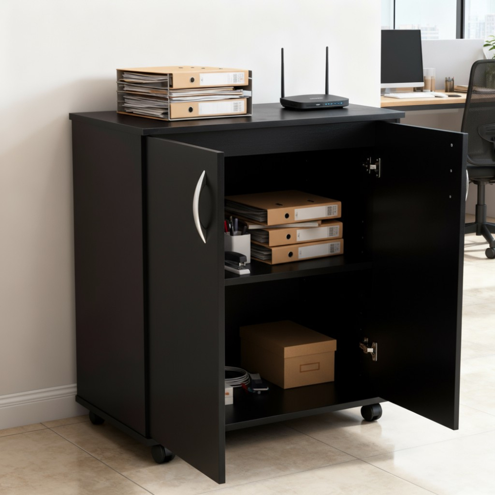 Gabinete Organizador 2 Portas Rodinhas Preto 60cm Compacto Escritório Sala Quarto Lavanderia Arquivo