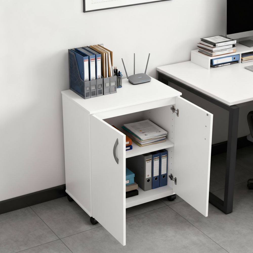 Gabinete Organizador 2 Portas Rodinha Branco 60cm Compacto Escritório Sala Quarto Lavanderia Arquivo