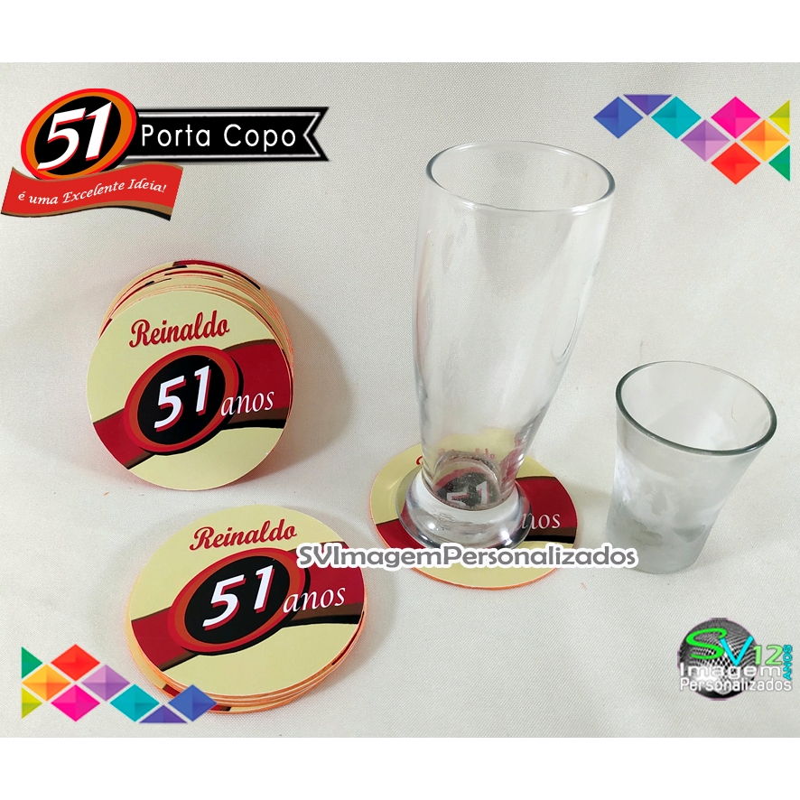 Festa Boteco 51 Cachaça Bolacha Porta Copo Personalizado com Nome e Idade para Decoração de Aniversário