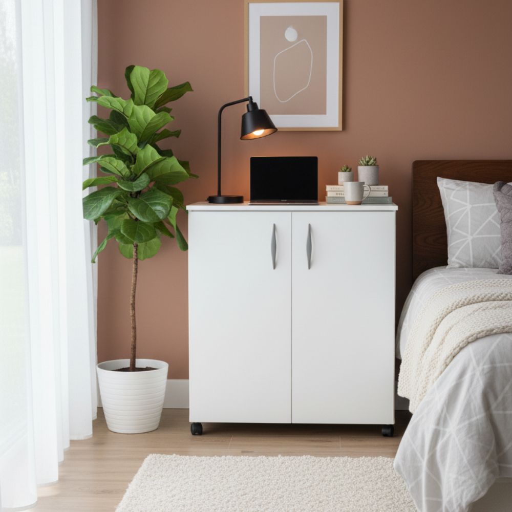 Armário Gabinete Auxiliar 2 Portas Rodas Chão 60cm Escritório Comercial Arquivo Compacto Branco MDF