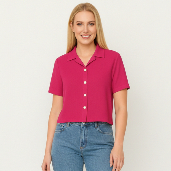 Camisa Social Feminina Manga Curta 100% Viscose com 5 Botões Dourados - Elegante e Confortável 4368 em Oferta na Shopee