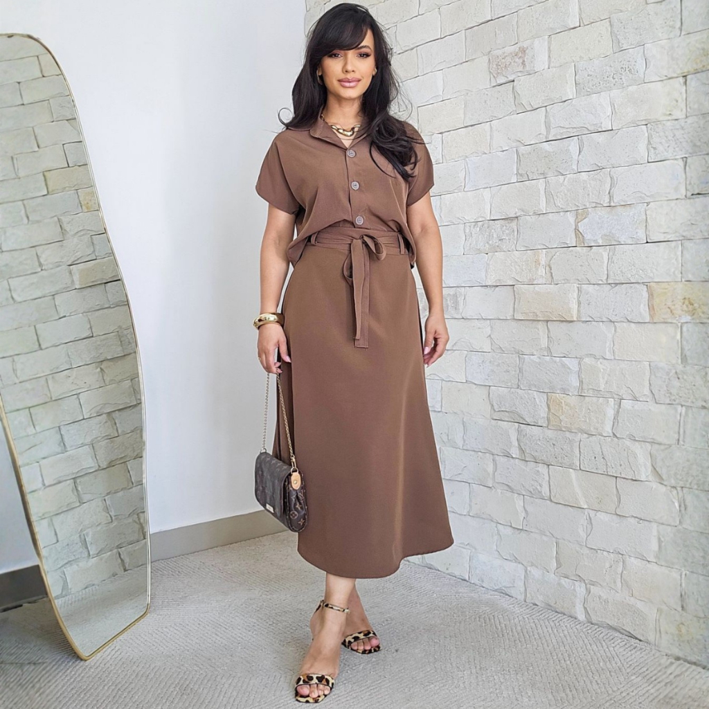 Conjunto Feminino Alfaiataria Saia Midi e Blusa com Botões Elegância e Sofisticação em Oferta na Shopee