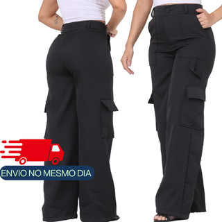 Calça cargo alfaiataria Feminina Pantalona Wide Leg Bolsos Cós Alto pluz size do PP ate G3 roupas