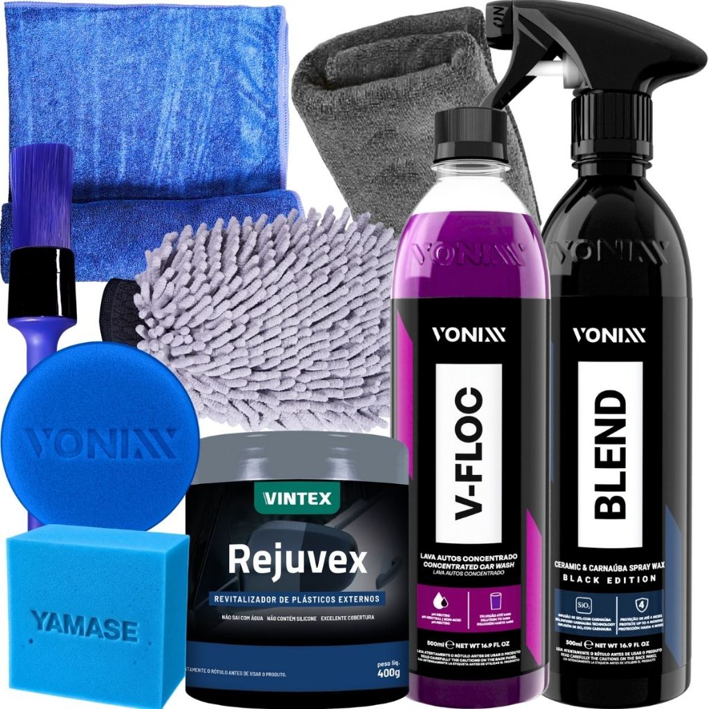Kit para Lavar Moto Shampoo V-Floc Cera Blend Spray Black Aplicador Vonixx Toalha Secagem Luva Pano Pincel