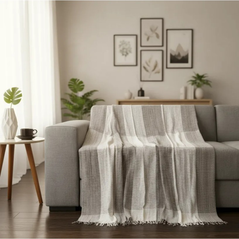 Manta Para Sofá e Cama 2,20 X 1,20 m – Manta Decorativa Grande Com Franjas em Algodão
