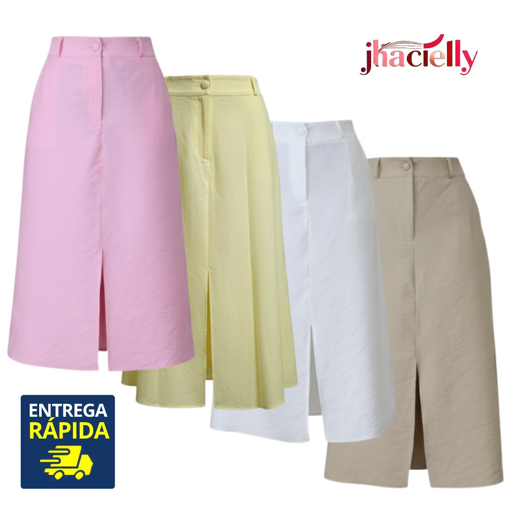 Saia Midi Feminina Marrant Cintura Alta com Fenda e Bolsos Elegante Alfaiataria em Oferta na Shopee