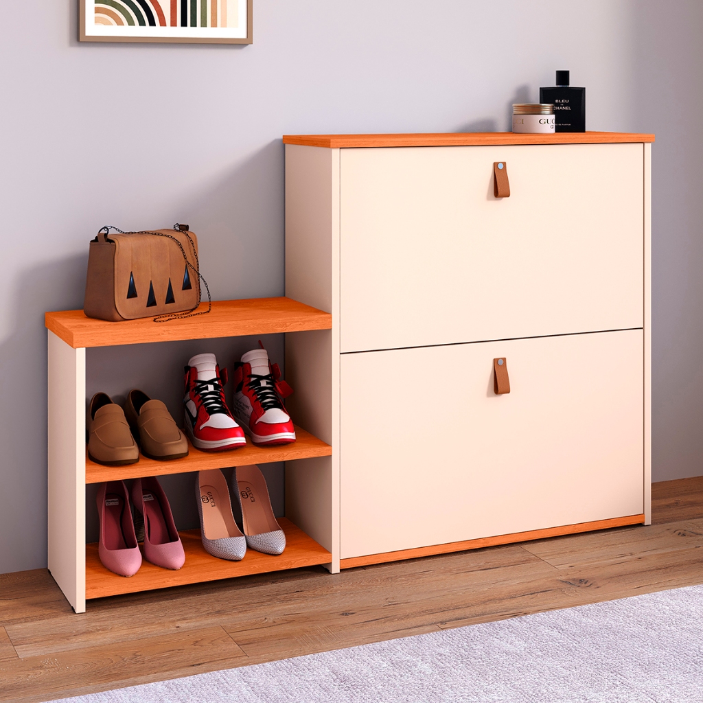 Sapateira Organizadora Quarto Com 2 Gavetas Basculante Hall de Entrada Prateleira Mel Com Banquinho em Oferta na Shopee
