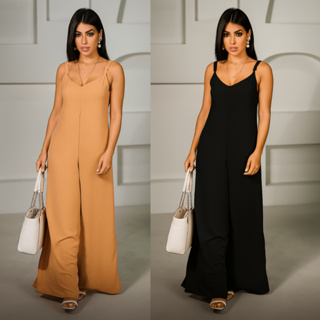 Macacão Feminino Pantalona Largo Alcinha Regulável Decote V P M G GG Tecido Duna Elegante Lançamento Moda Verão Carnaval em Oferta na Shopee