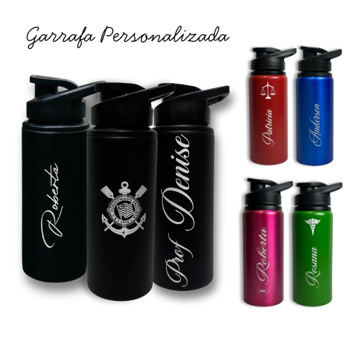 Garrafa Squeeze Alumínio 600ml Personalizada A Laser Nome Logo Profissão Colorida Brasão Time