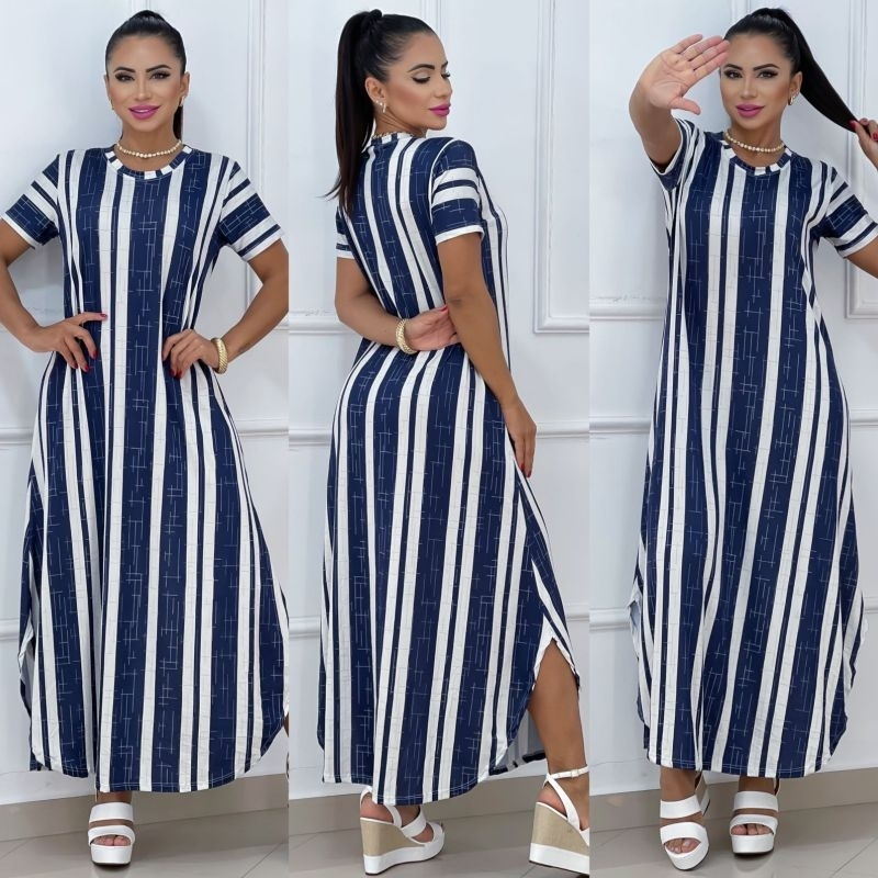 Vestido Feminino Listrado Tecido Romantic Plus Size e Mid Size M-G-GG-G1-G2-G3