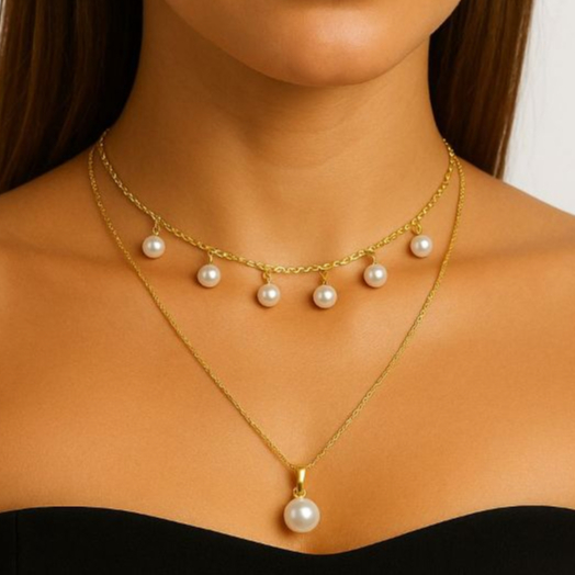 Kit 2 Colares Pérolas Feminino Choker Colar Longo com Pingente Folheado a Ouro 18K Delicado Elegante