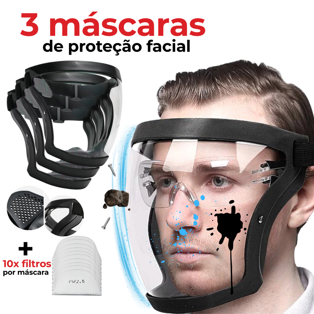 Máscara Facial de Proteção Transparente à Prova de Poeira com 10 Filtros PM 2,5 Anti-Embaçamento