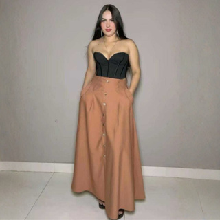 Saia Longa Feminina Com 8  Botões Na frente e Estilo Alfaiataria Cintura Alta  e tecido Sensorial em Oferta na Shopee