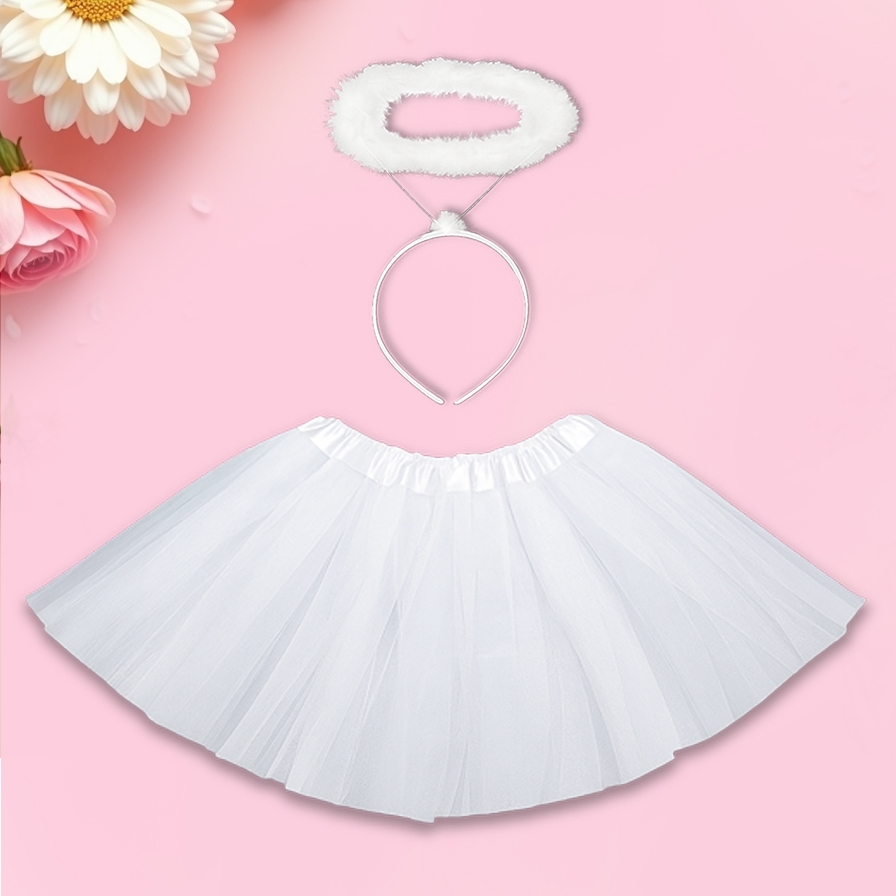 Kit Fantasia Infantil  Saia Tule branca mais Tiara Anjo Com Aureola cor Branca tiara anjo infantil