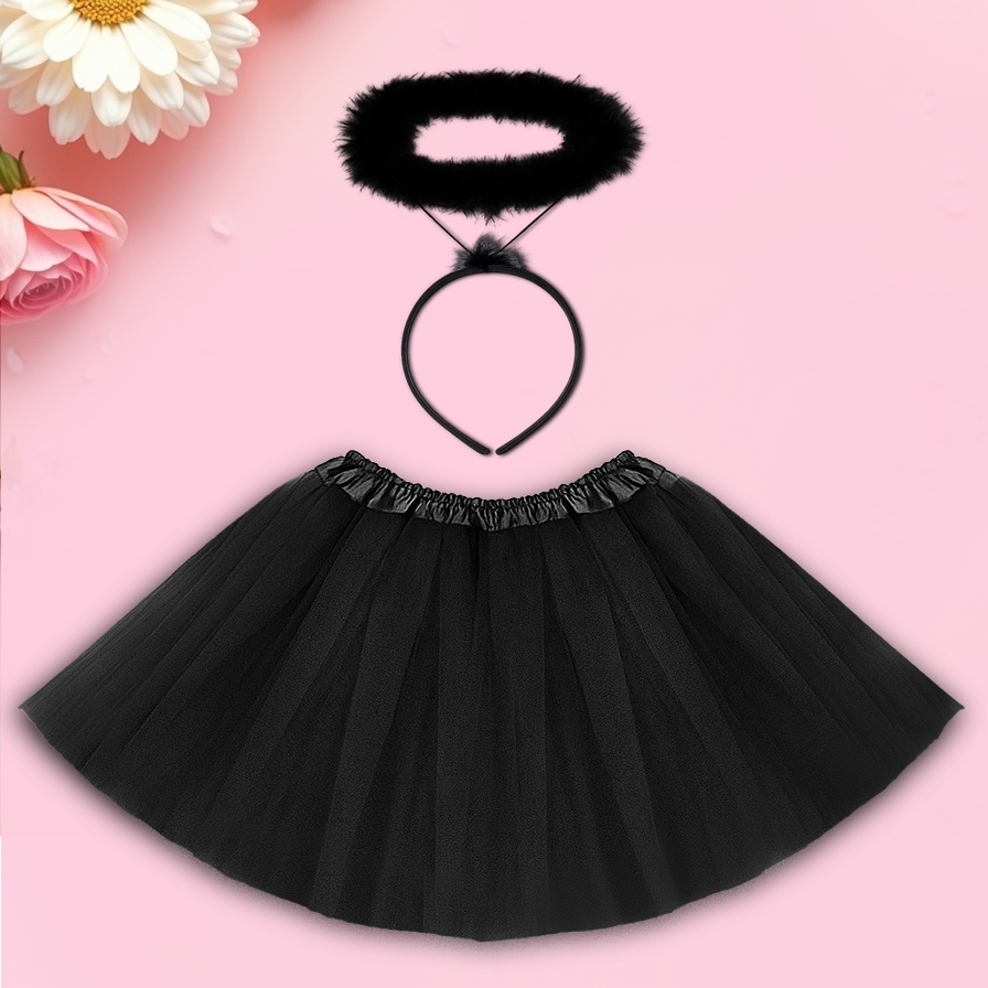 Kit Fantasia Infantil Saia Tule preta mais Tiara Anjo Com Aureola cor Preta 2 peças